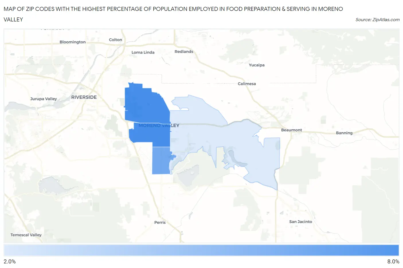 Zip Codes with the Highest Percentage of Population Employed in Food Preparation & Serving in Moreno Valley Map