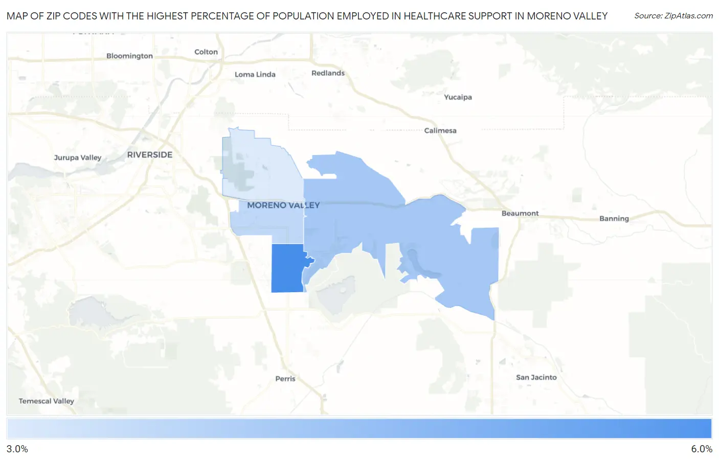 Zip Codes with the Highest Percentage of Population Employed in Healthcare Support in Moreno Valley Map