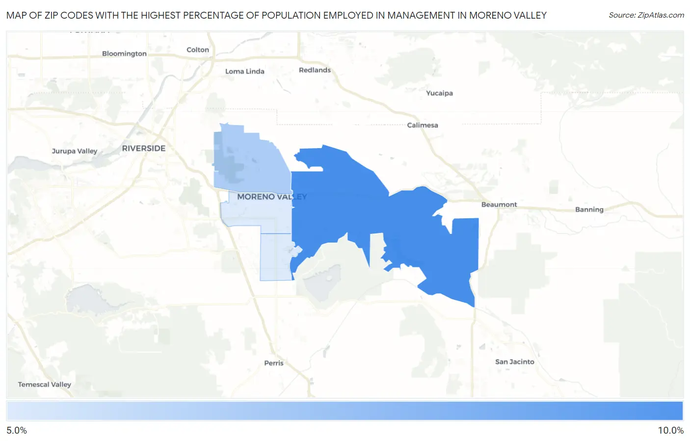 Zip Codes with the Highest Percentage of Population Employed in Management in Moreno Valley Map
