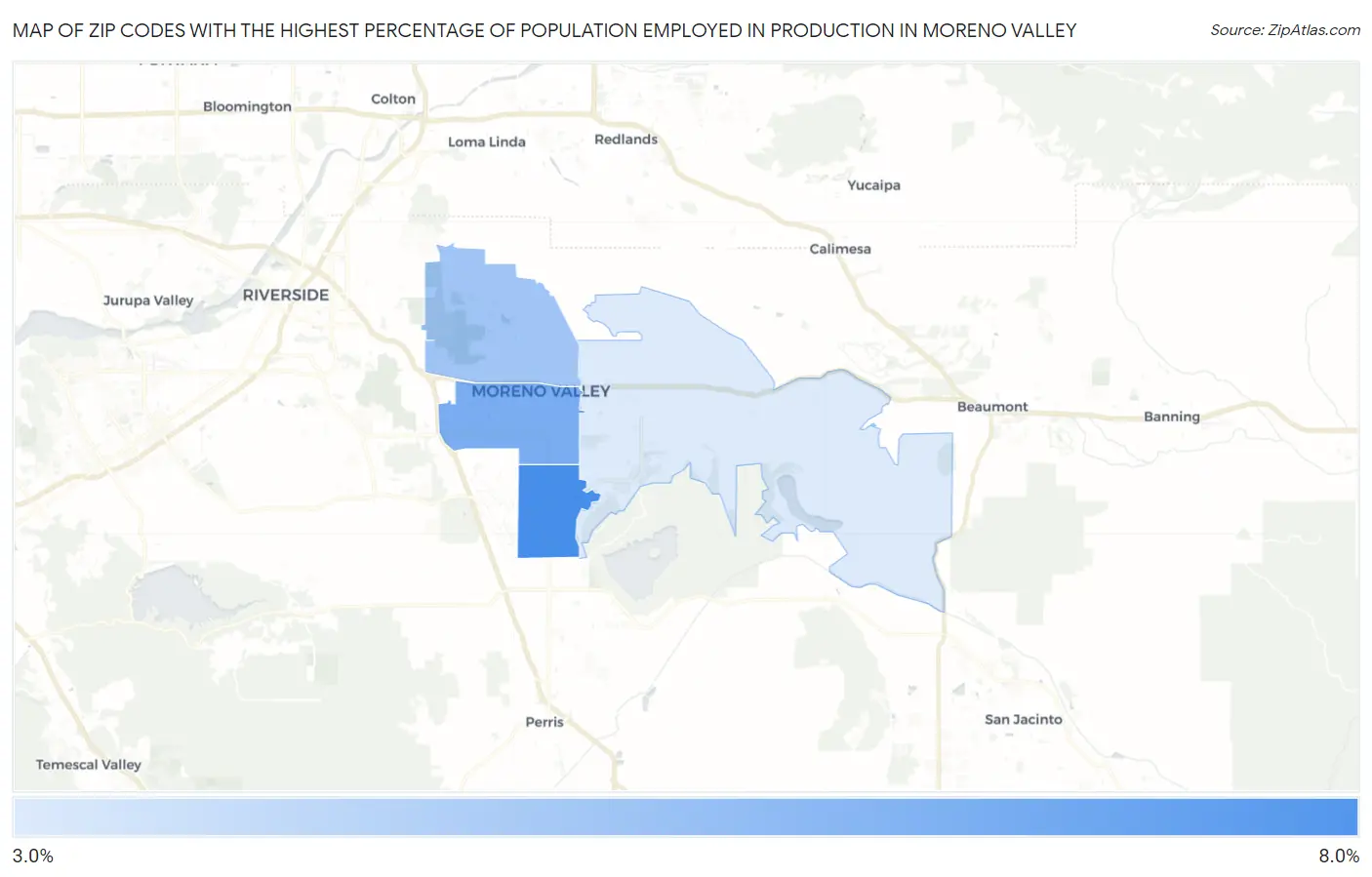 Zip Codes with the Highest Percentage of Population Employed in Production in Moreno Valley Map