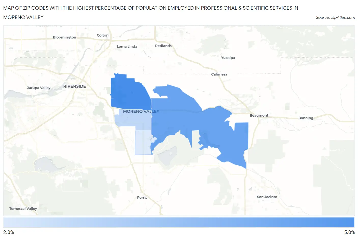 Zip Codes with the Highest Percentage of Population Employed in Professional & Scientific Services in Moreno Valley Map