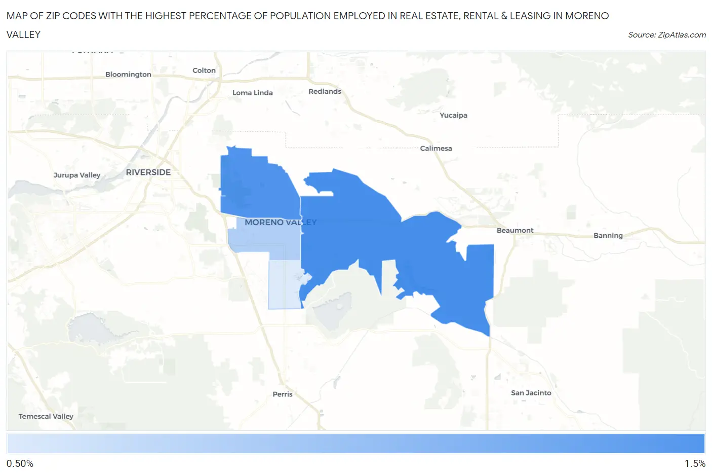 Zip Codes with the Highest Percentage of Population Employed in Real Estate, Rental & Leasing in Moreno Valley Map