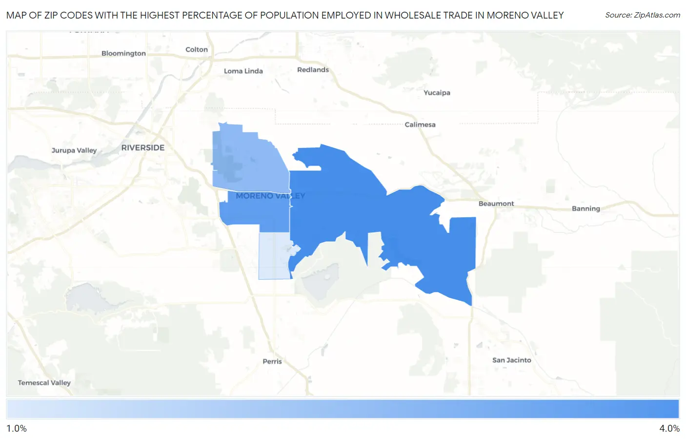 Zip Codes with the Highest Percentage of Population Employed in Wholesale Trade in Moreno Valley Map