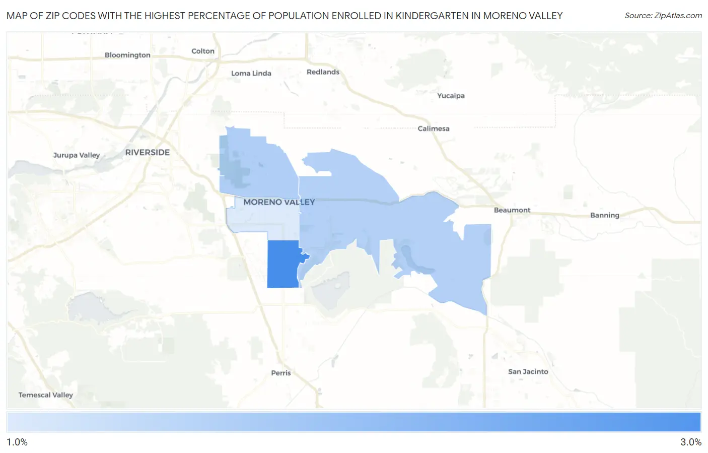 Zip Codes with the Highest Percentage of Population Enrolled in Kindergarten in Moreno Valley Map