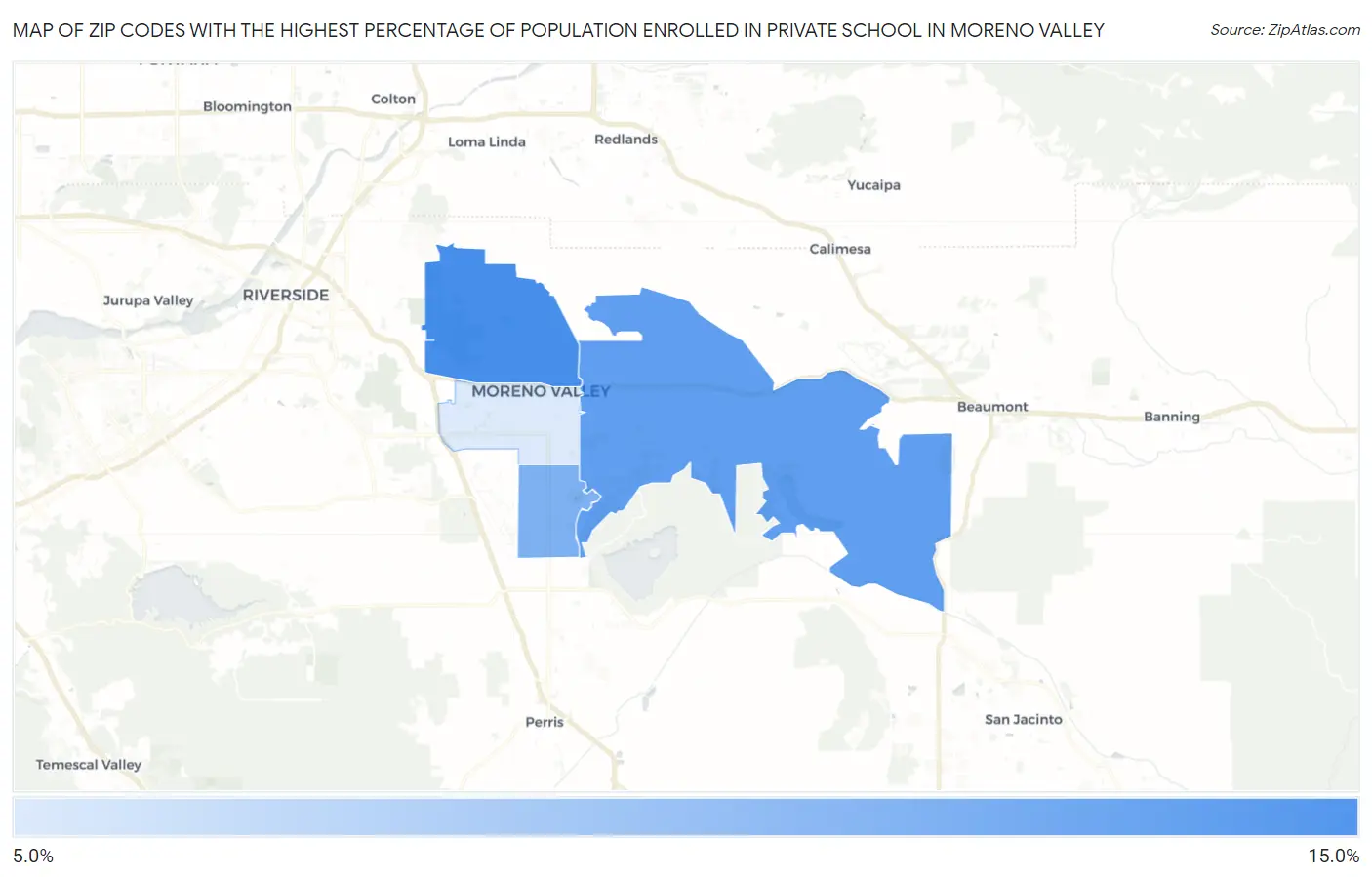 Zip Codes with the Highest Percentage of Population Enrolled in Private School in Moreno Valley Map