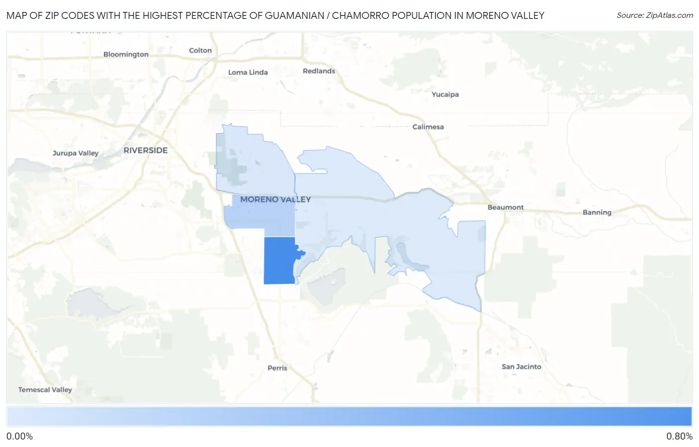 Zip Codes with the Highest Percentage of Guamanian / Chamorro Population in Moreno Valley Map