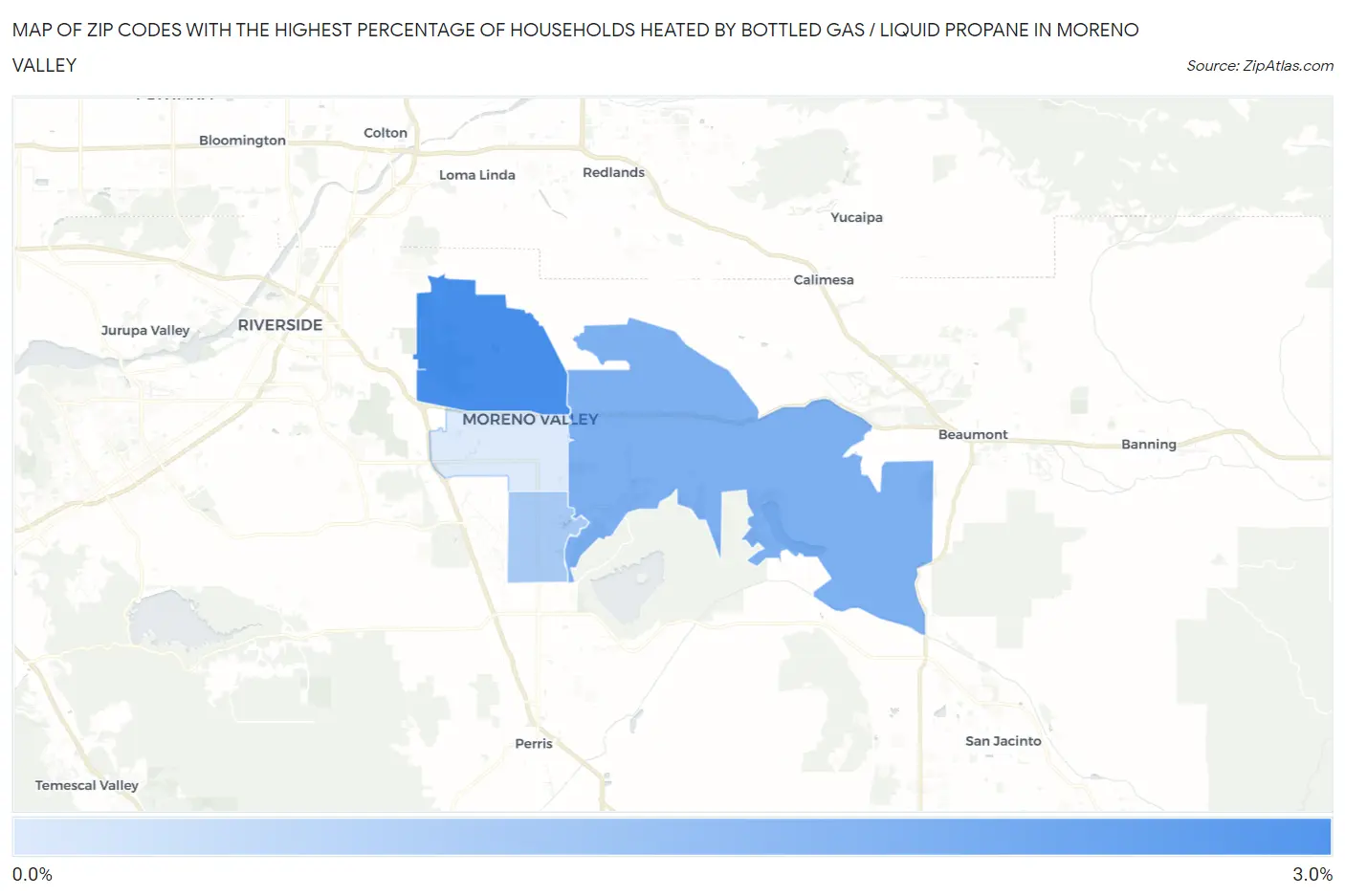 Zip Codes with the Highest Percentage of Households Heated by Bottled Gas / Liquid Propane in Moreno Valley Map