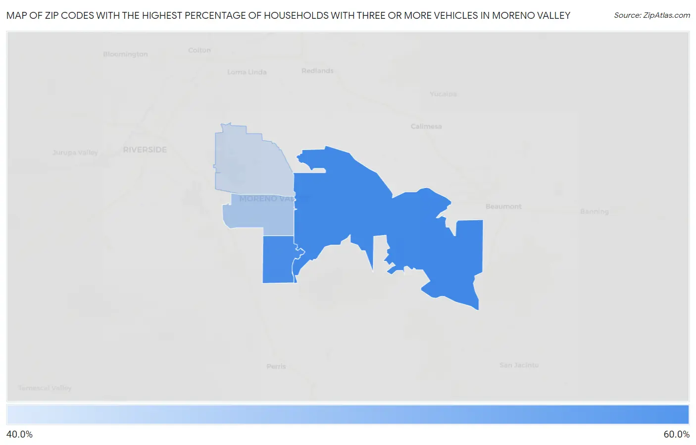 Zip Codes with the Highest Percentage of Households With Three or more Vehicles in Moreno Valley Map