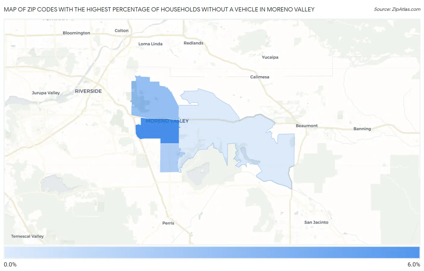 Zip Codes with the Highest Percentage of Households Without a Vehicle in Moreno Valley Map