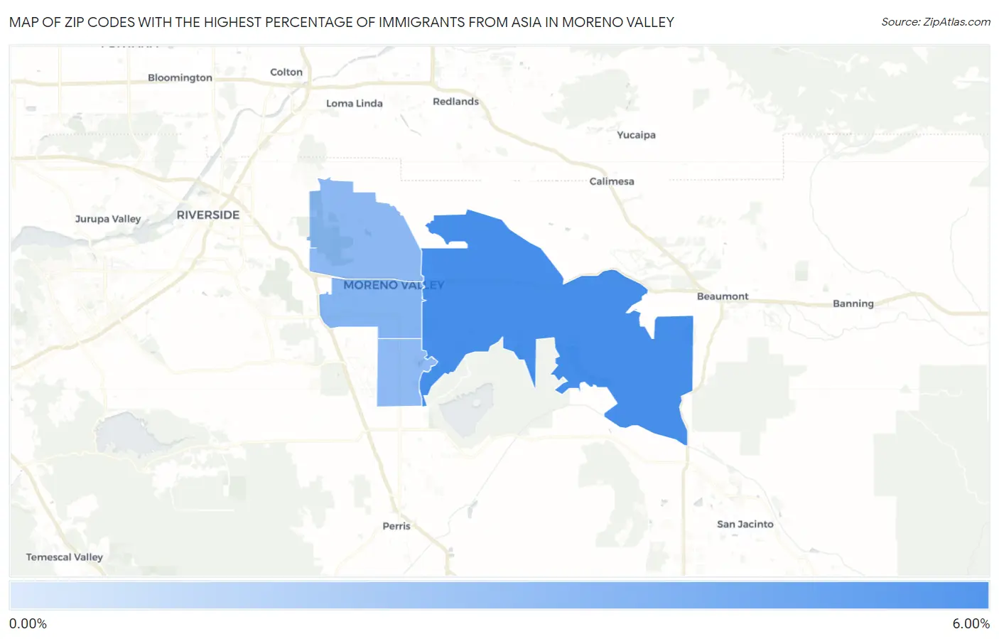 Zip Codes with the Highest Percentage of Immigrants from Asia in Moreno Valley Map