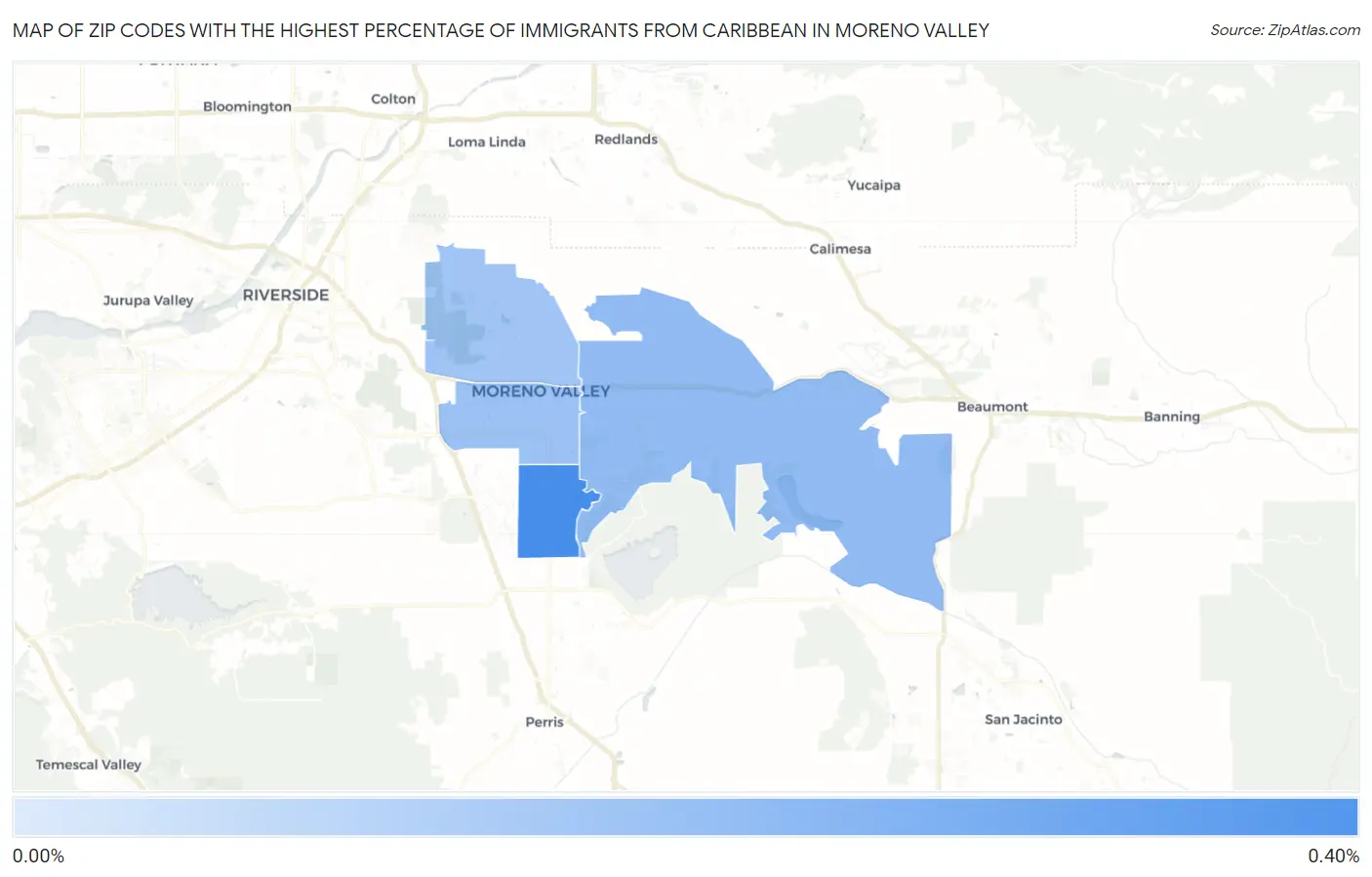 Zip Codes with the Highest Percentage of Immigrants from Caribbean in Moreno Valley Map