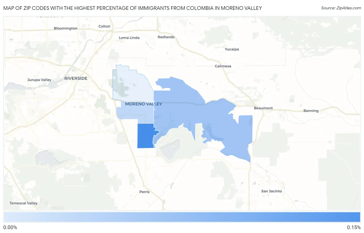 Zip Codes with the Highest Percentage of Immigrants from Colombia in Moreno Valley Map