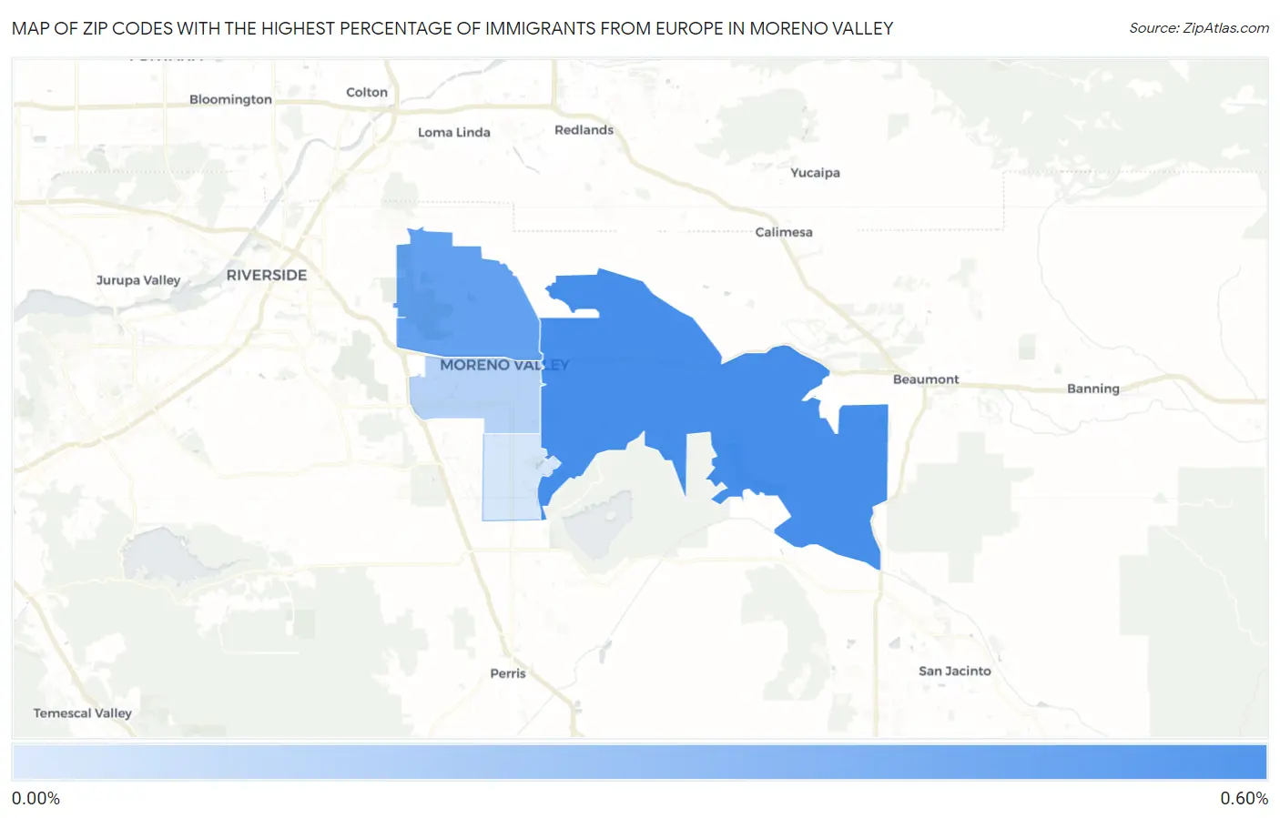 Zip Codes with the Highest Percentage of Immigrants from Europe in Moreno Valley Map