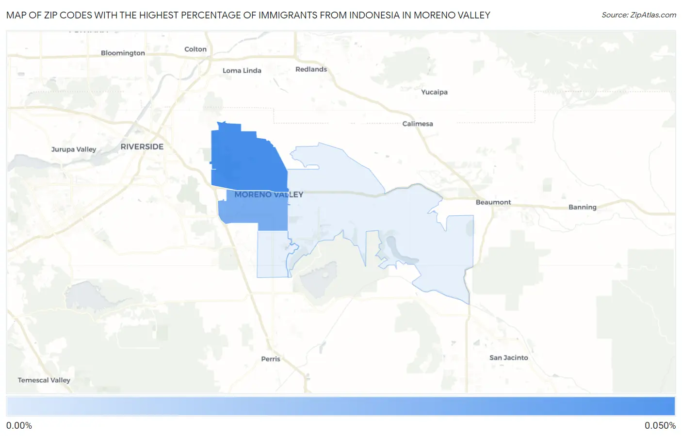 Zip Codes with the Highest Percentage of Immigrants from Indonesia in Moreno Valley Map