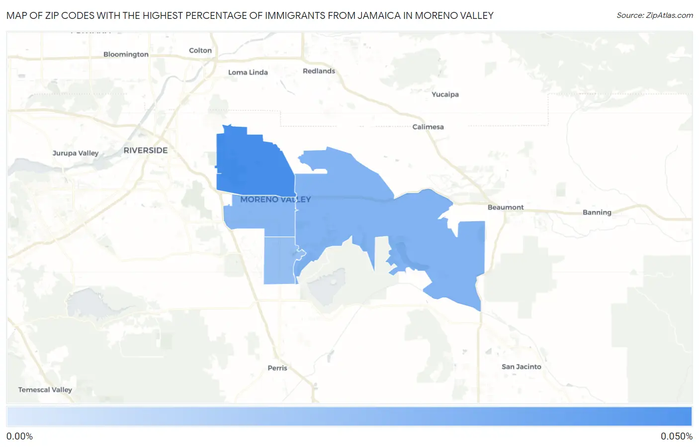 Zip Codes with the Highest Percentage of Immigrants from Jamaica in Moreno Valley Map