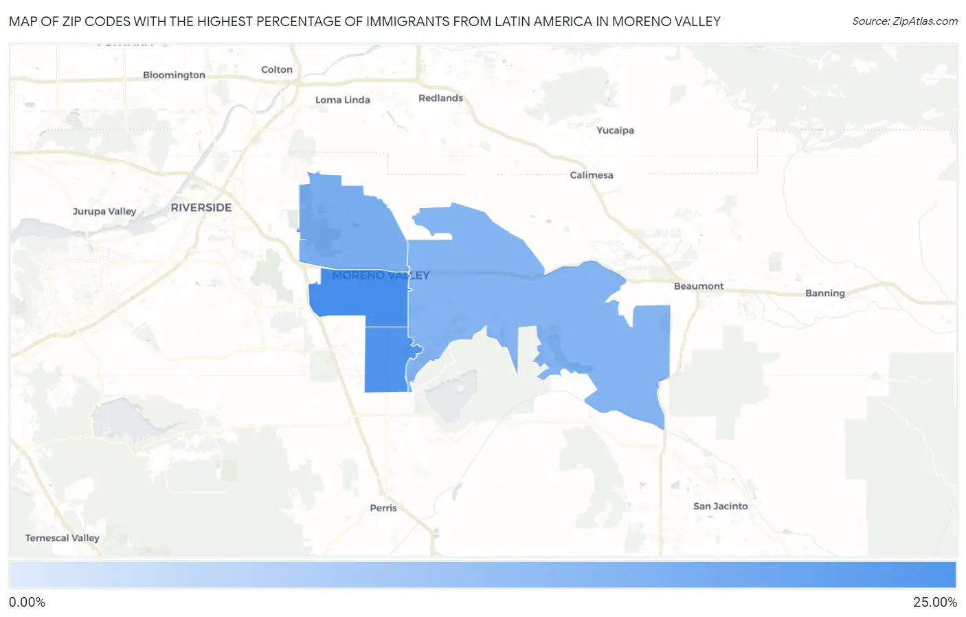 Zip Codes with the Highest Percentage of Immigrants from Latin America in Moreno Valley Map