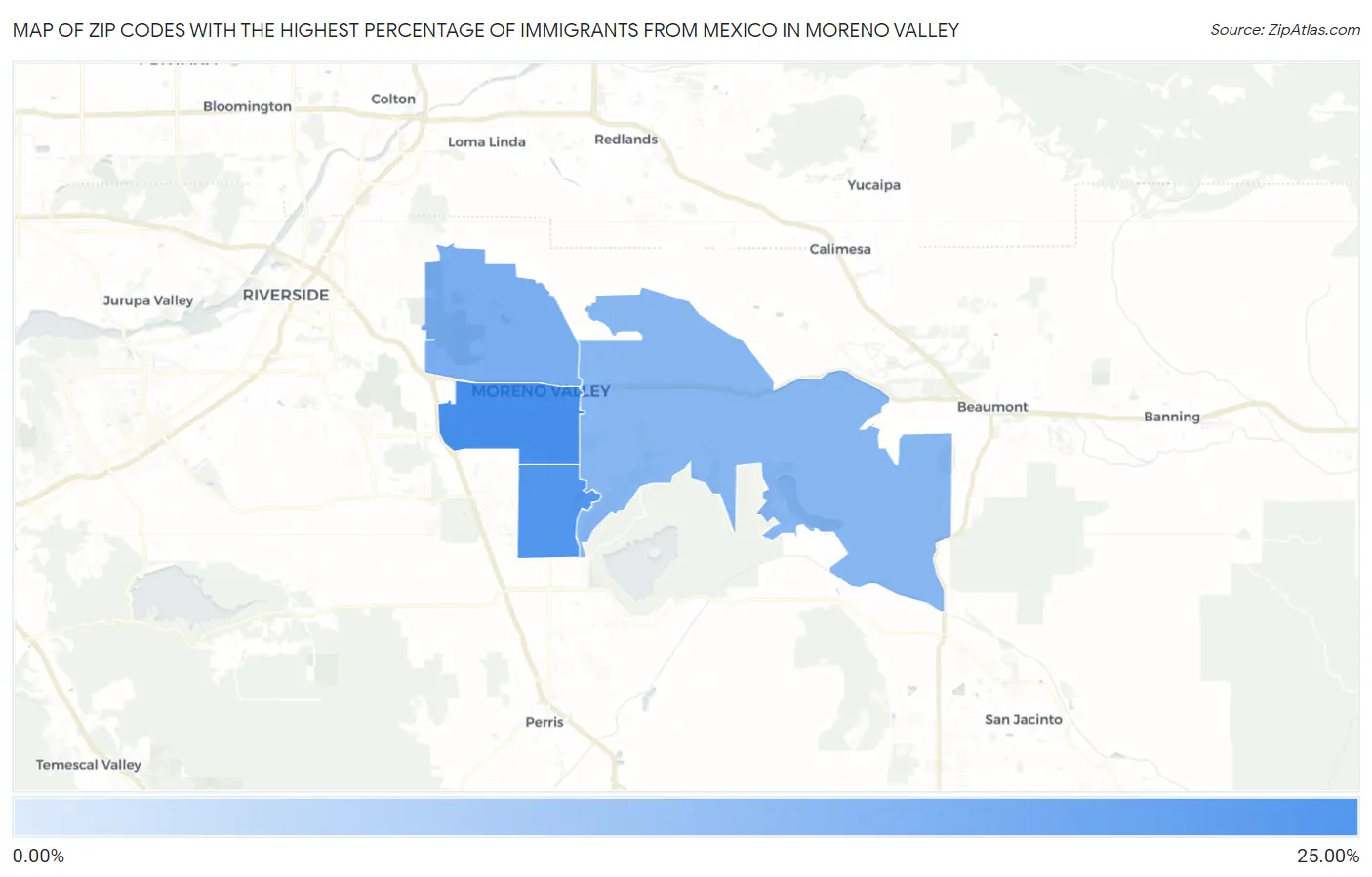 Zip Codes with the Highest Percentage of Immigrants from Mexico in Moreno Valley Map