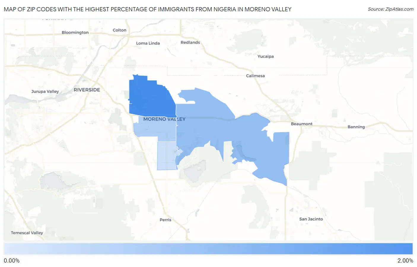 Zip Codes with the Highest Percentage of Immigrants from Nigeria in Moreno Valley Map