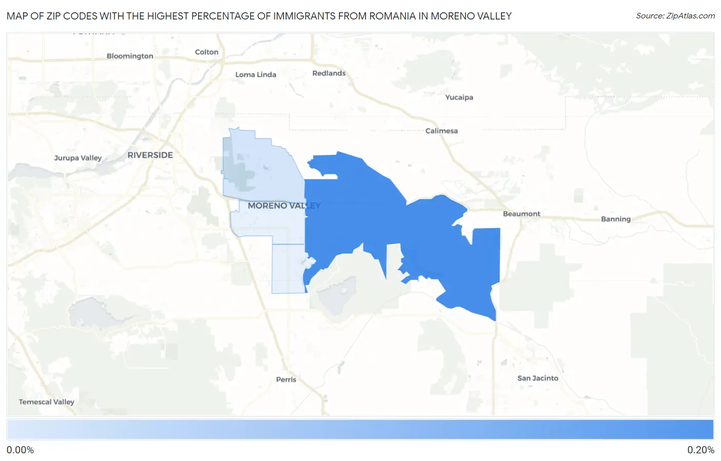 Zip Codes with the Highest Percentage of Immigrants from Romania in Moreno Valley Map