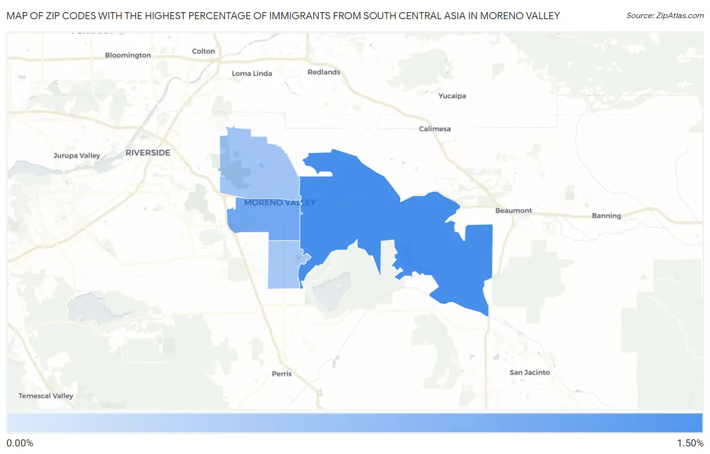 Zip Codes with the Highest Percentage of Immigrants from South Central Asia in Moreno Valley Map