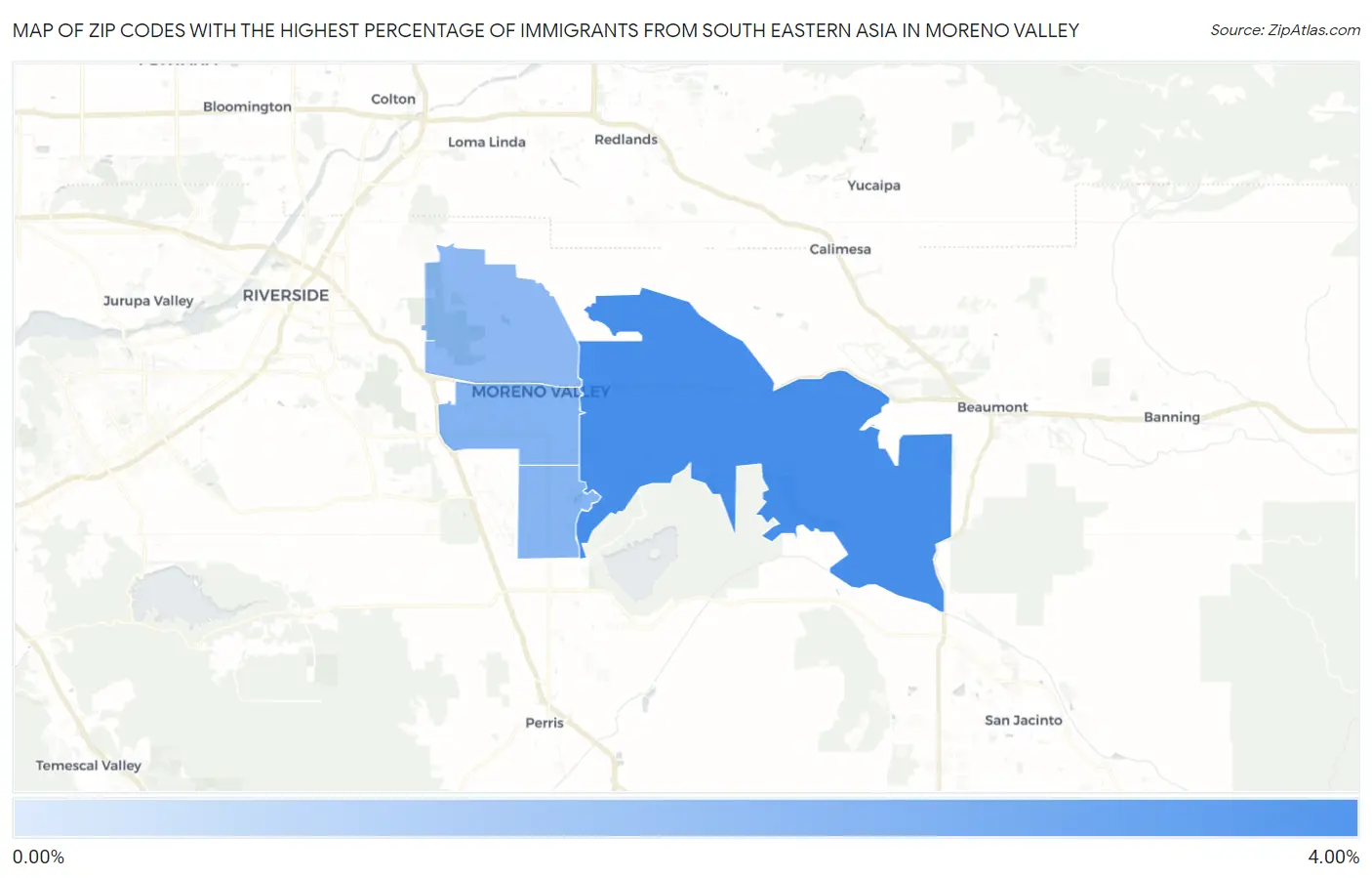 Zip Codes with the Highest Percentage of Immigrants from South Eastern Asia in Moreno Valley Map