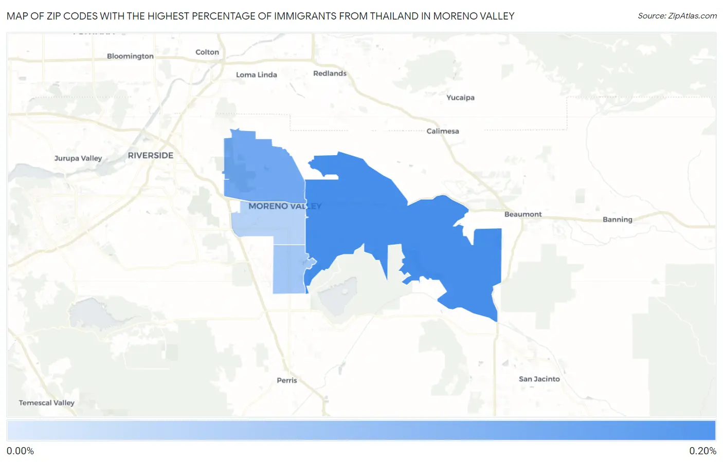 Zip Codes with the Highest Percentage of Immigrants from Thailand in Moreno Valley Map