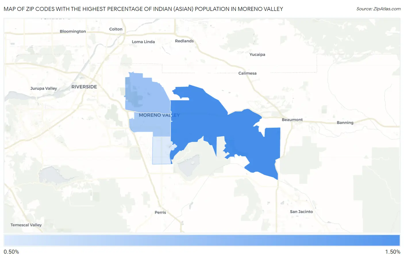 Zip Codes with the Highest Percentage of Indian (Asian) Population in Moreno Valley Map