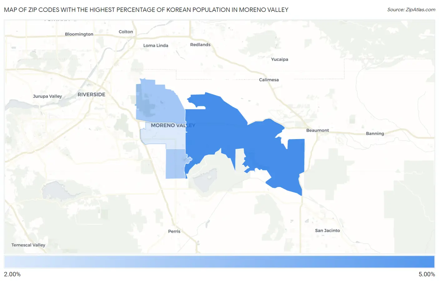 Zip Codes with the Highest Percentage of Korean Population in Moreno Valley Map