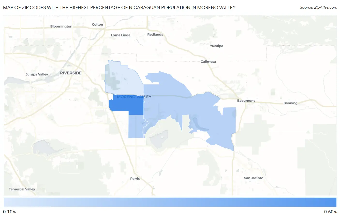 Zip Codes with the Highest Percentage of Nicaraguan Population in Moreno Valley Map