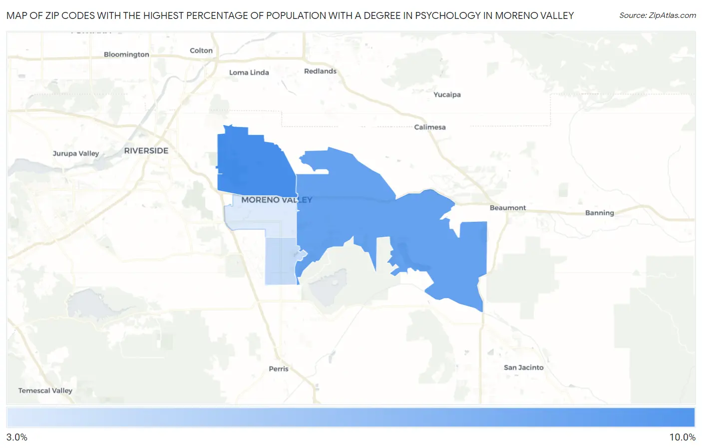 Zip Codes with the Highest Percentage of Population with a Degree in Psychology in Moreno Valley Map