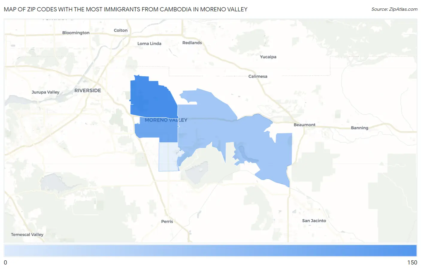 Zip Codes with the Most Immigrants from Cambodia in Moreno Valley Map