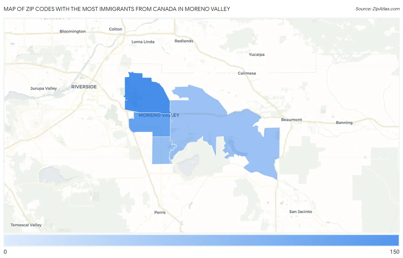 Zip Codes with the Most Immigrants from Canada in Moreno Valley Map