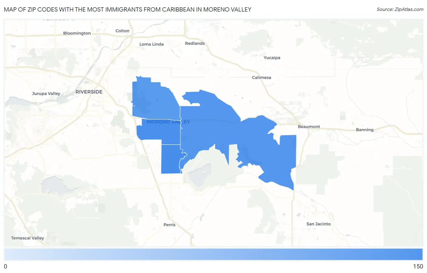 Zip Codes with the Most Immigrants from Caribbean in Moreno Valley Map