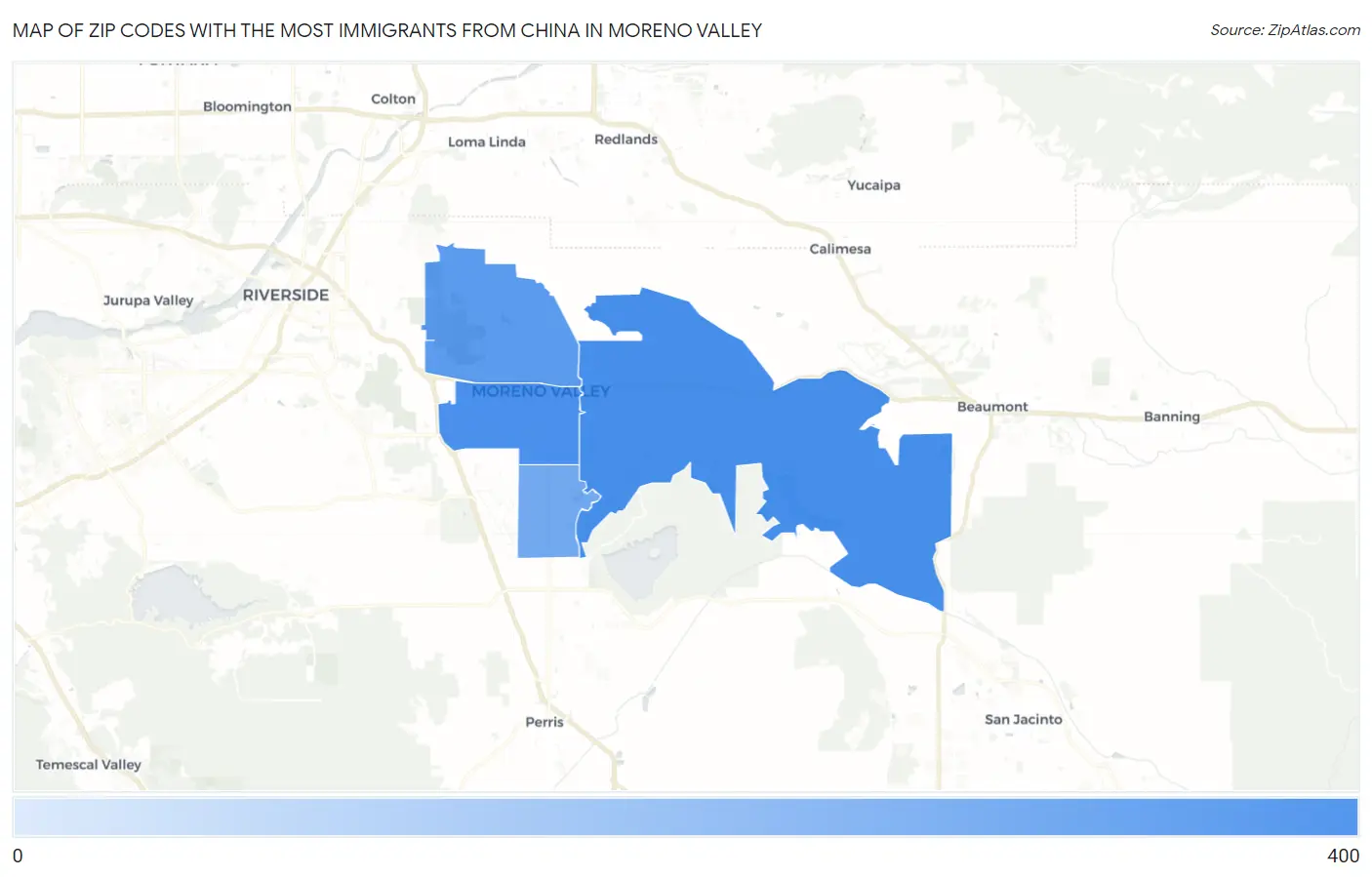 Zip Codes with the Most Immigrants from China in Moreno Valley Map