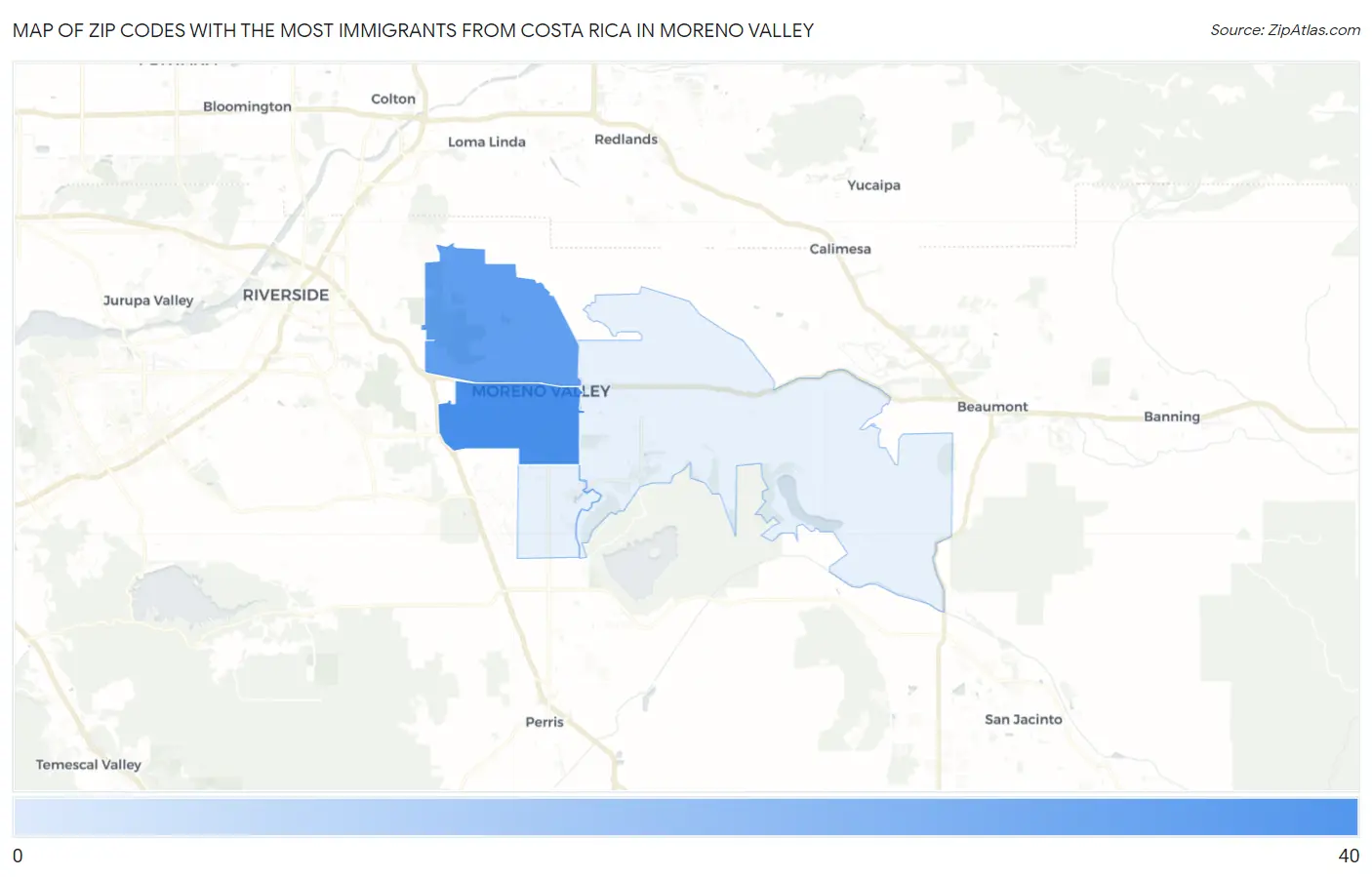 Zip Codes with the Most Immigrants from Costa Rica in Moreno Valley Map
