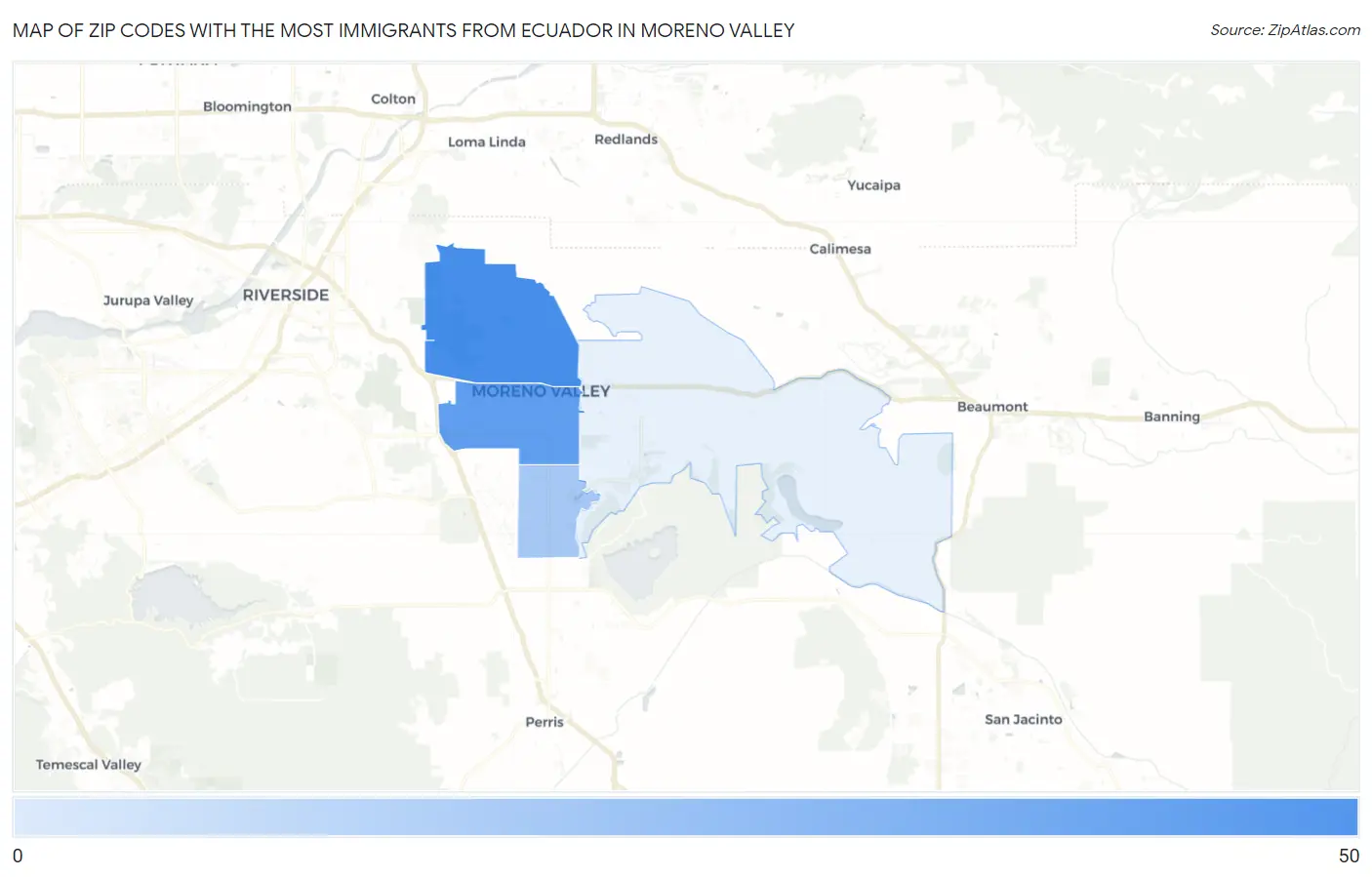 Zip Codes with the Most Immigrants from Ecuador in Moreno Valley Map