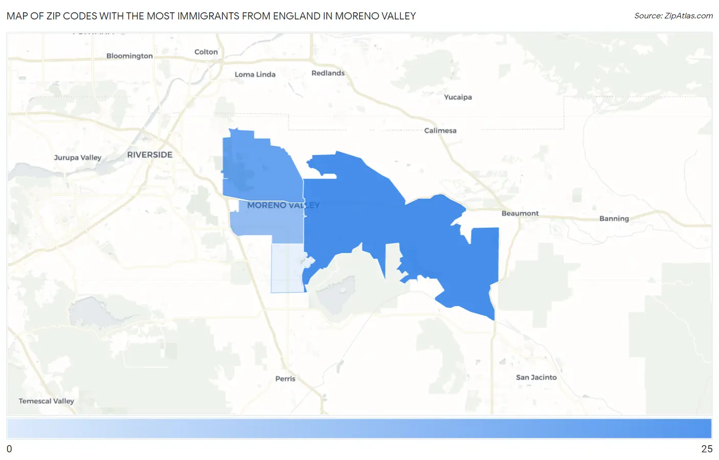 Zip Codes with the Most Immigrants from England in Moreno Valley Map