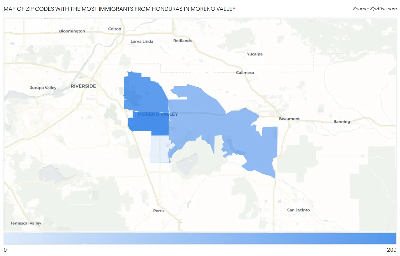 Zip Codes with the Most Immigrants from Honduras in Moreno Valley Map
