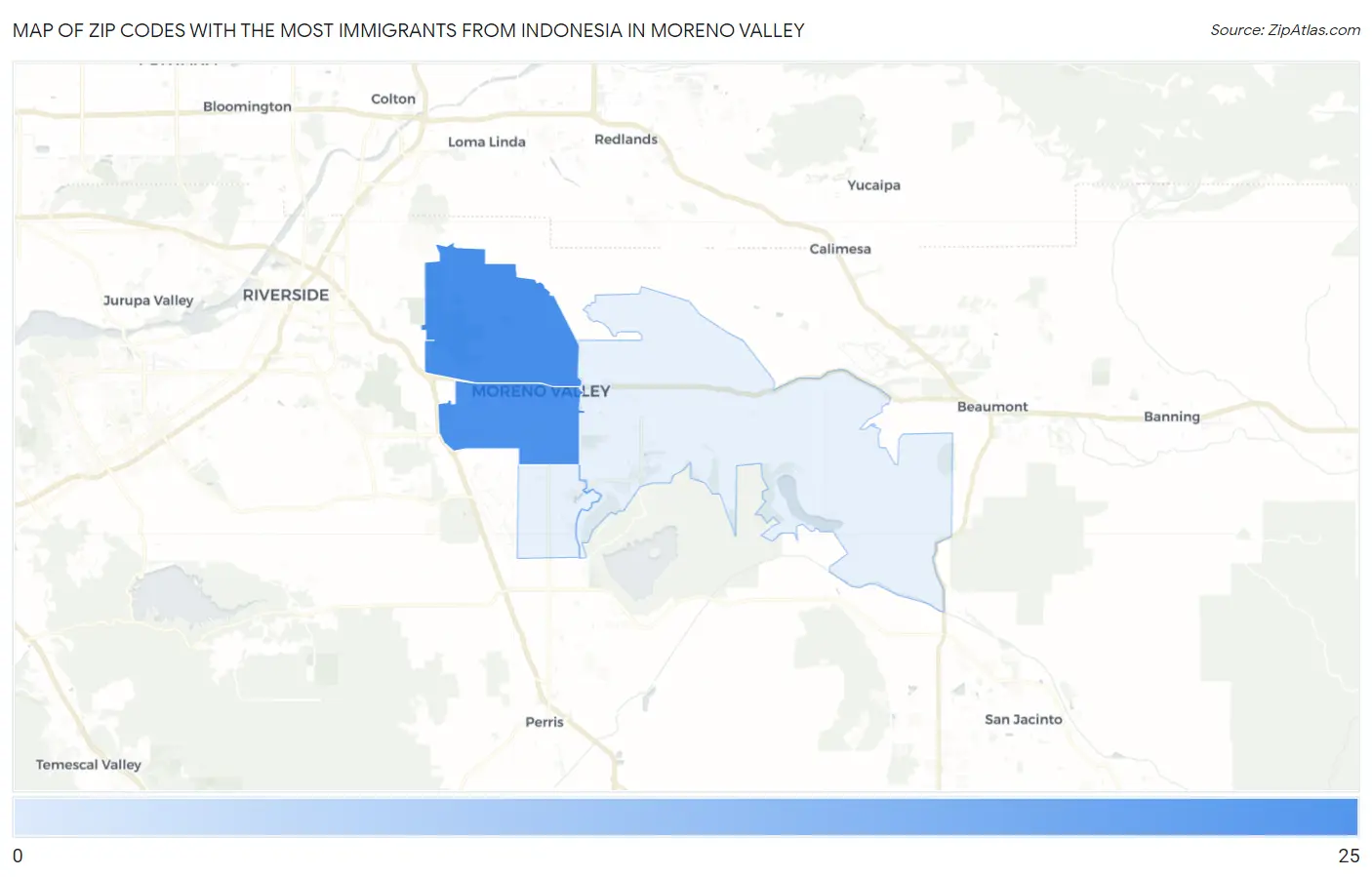 Zip Codes with the Most Immigrants from Indonesia in Moreno Valley Map
