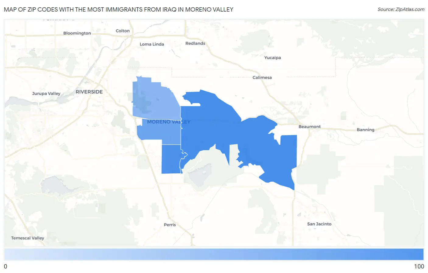Zip Codes with the Most Immigrants from Iraq in Moreno Valley Map