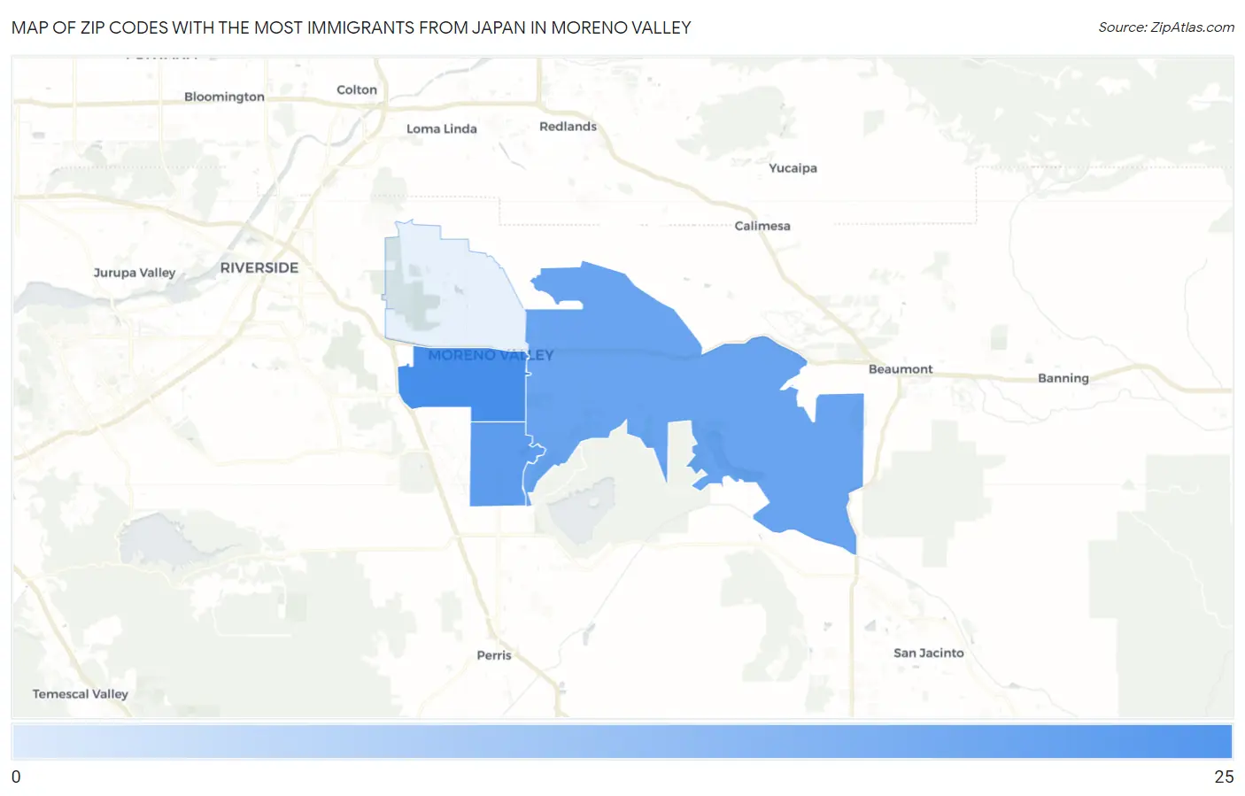 Zip Codes with the Most Immigrants from Japan in Moreno Valley Map