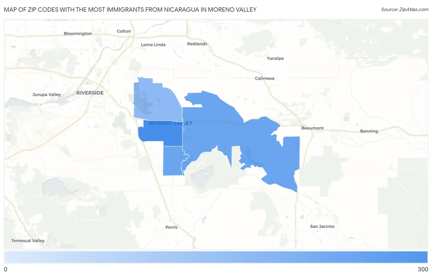 Zip Codes with the Most Immigrants from Nicaragua in Moreno Valley Map