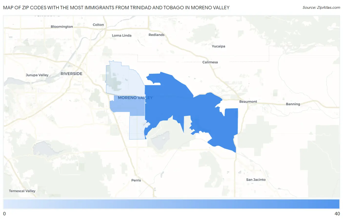 Zip Codes with the Most Immigrants from Trinidad and Tobago in Moreno Valley Map