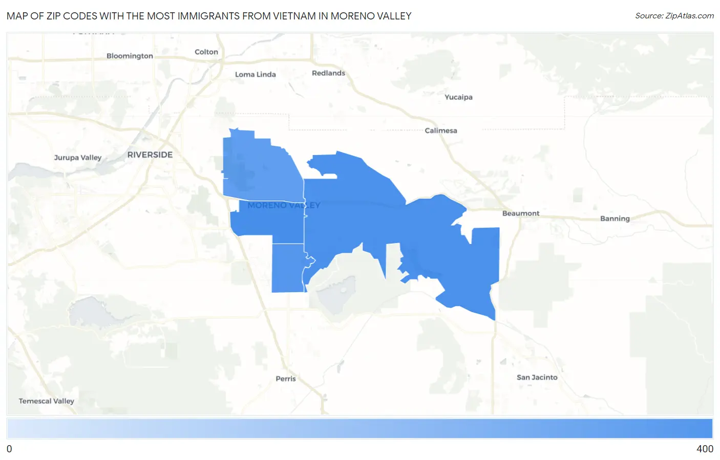 Zip Codes with the Most Immigrants from Vietnam in Moreno Valley Map