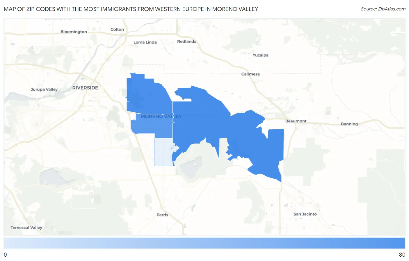 Zip Codes with the Most Immigrants from Western Europe in Moreno Valley Map