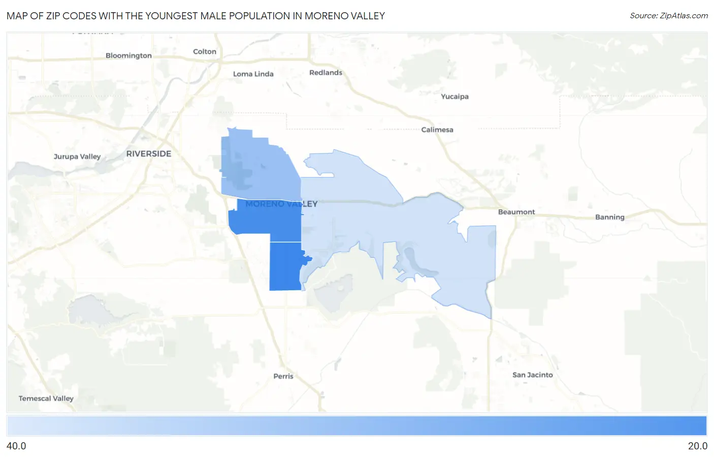 Zip Codes with the Youngest Male Population in Moreno Valley Map