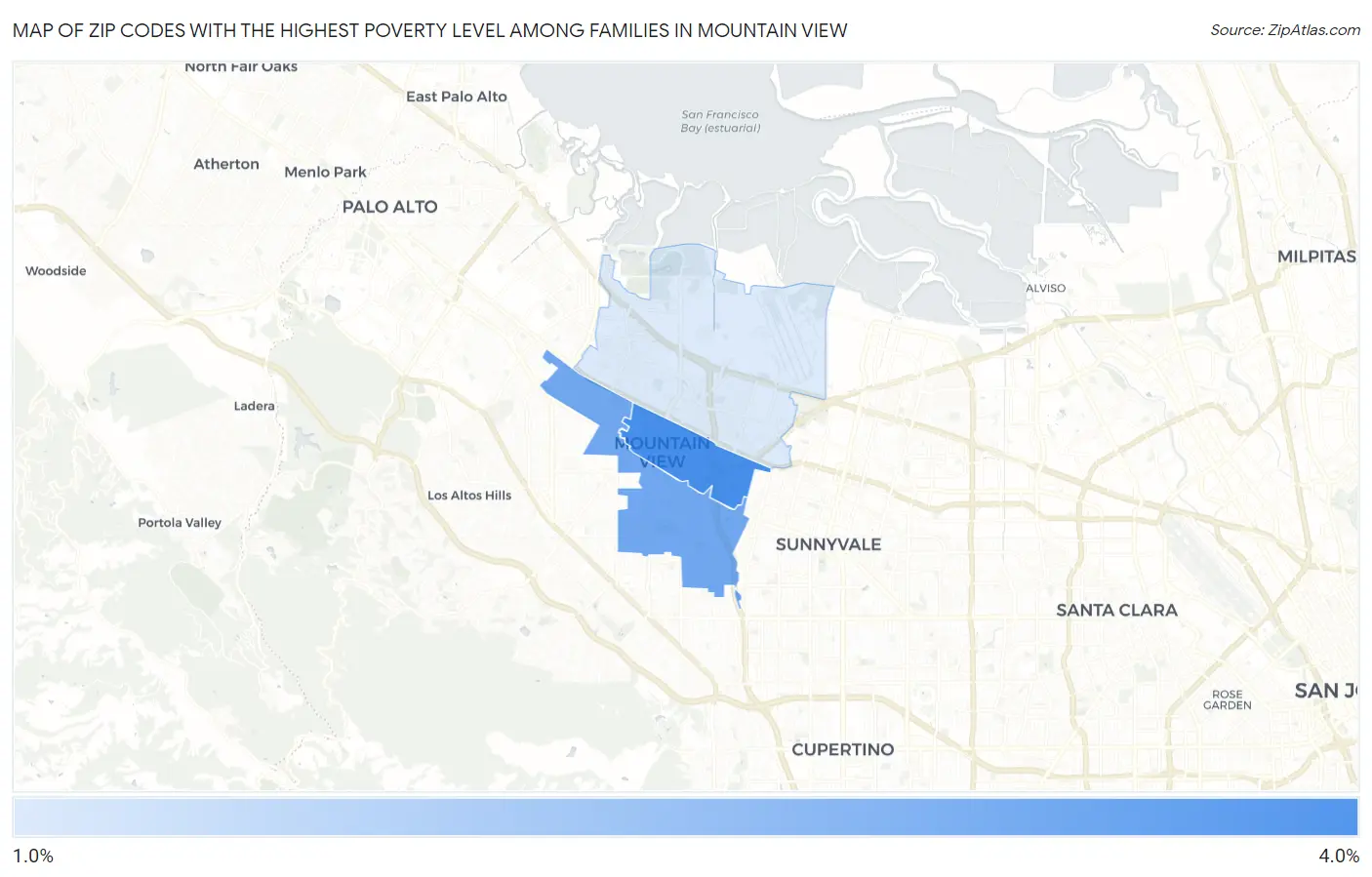 Zip Codes with the Highest Poverty Level Among Families in Mountain View Map