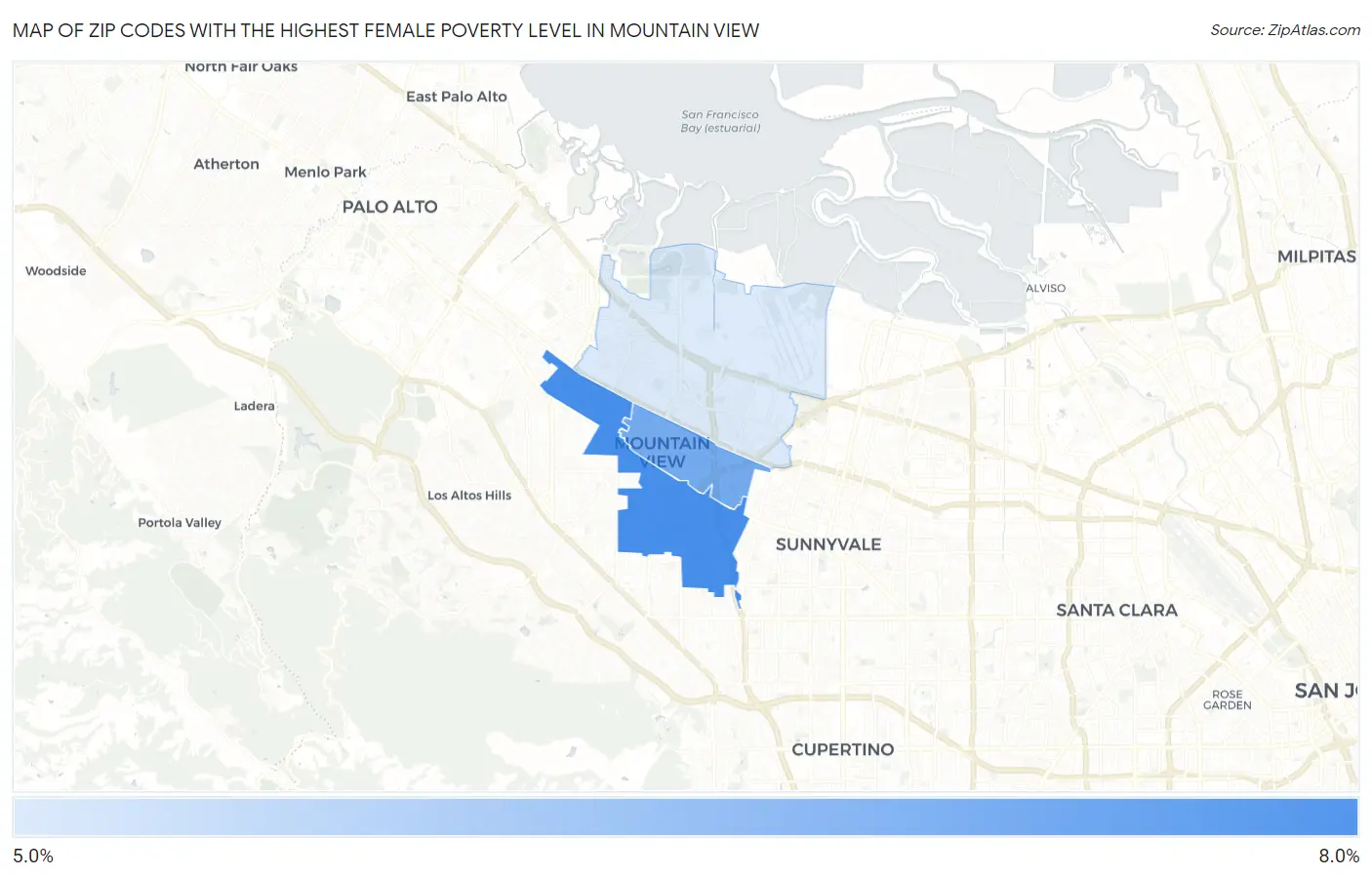 Zip Codes with the Highest Female Poverty Level in Mountain View Map