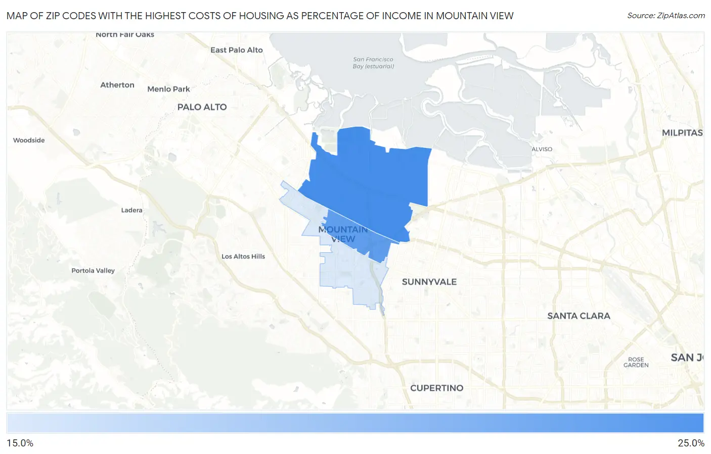 Zip Codes with the Highest Costs of Housing as Percentage of Income in Mountain View Map