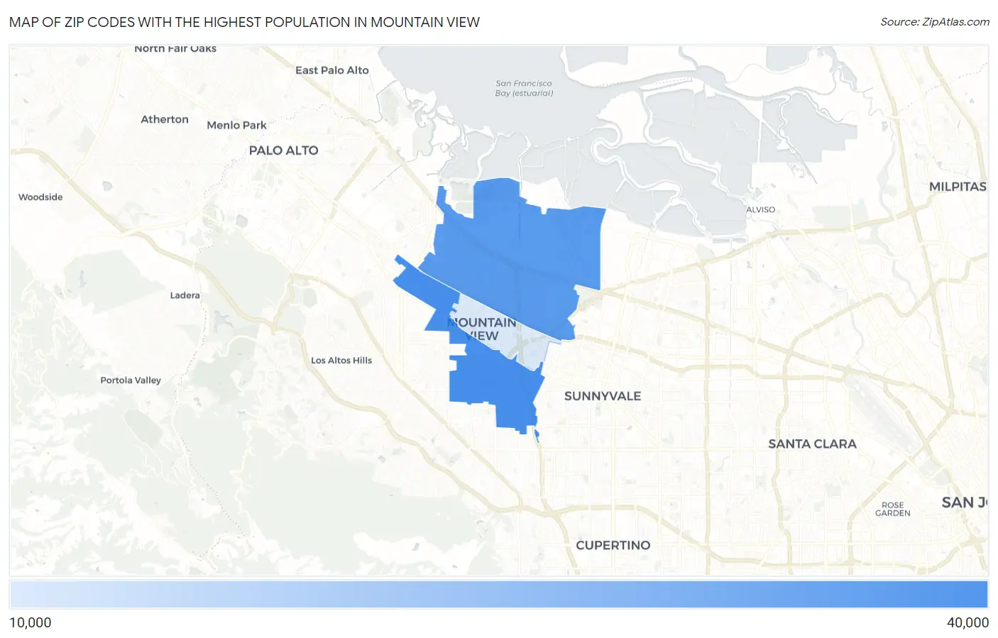 Zip Codes with the Highest Population in Mountain View Map